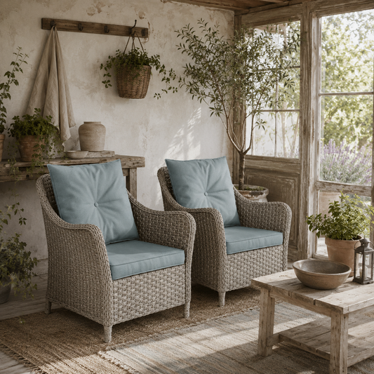 Veyoto Rattan Light Grey Set Of 2 Outdoor Armchairs With Cushions Armrests And High Back