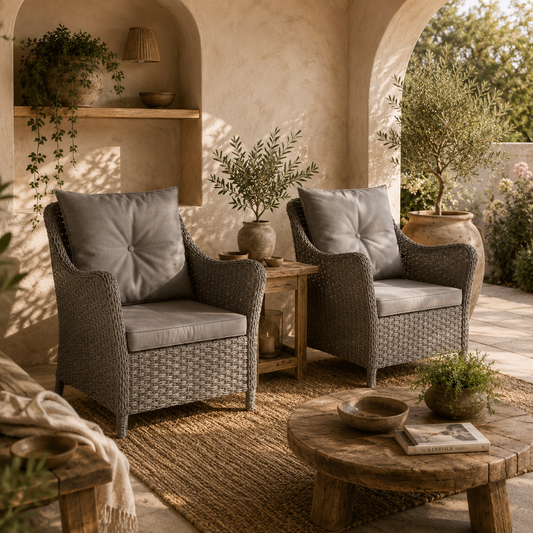Neluli Rattan Dark Grey Set Of 2 Outdoor Armchairs With Cushions Armrests And High Back