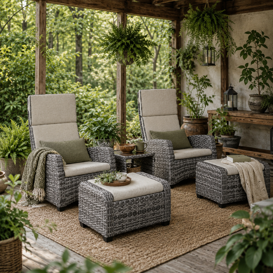 Difire Rattan Grey 5 Piece Garden Bistro Set With Cushions Recline Chairs Footstools and Coffee Table