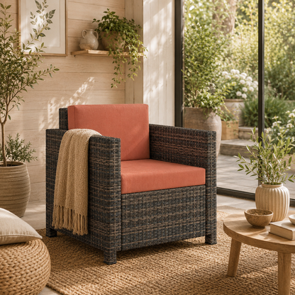 Noette Faux Rattan Brown And Orange Garden Armchair With Cushion