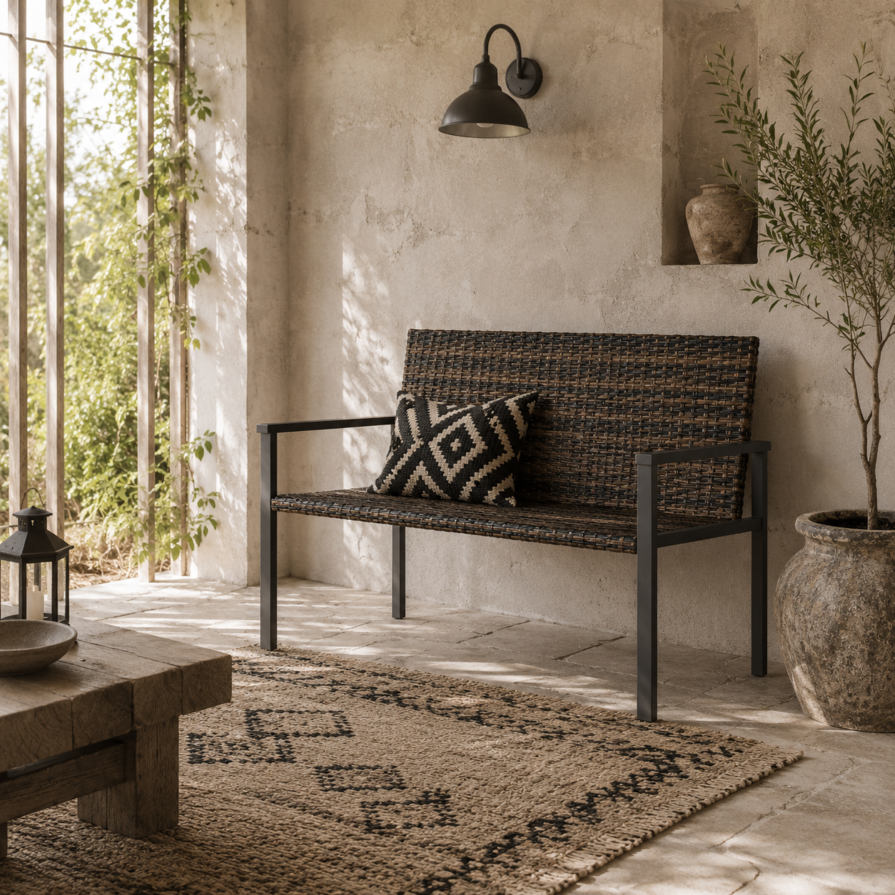 Batare Rattan Brown 2 Seater Garden Bench With Armrests