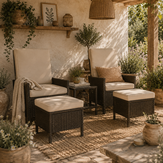 Hacore Dark Brown Rattan 5 Piece Garden Bistro Set With Footstols and Glass Table