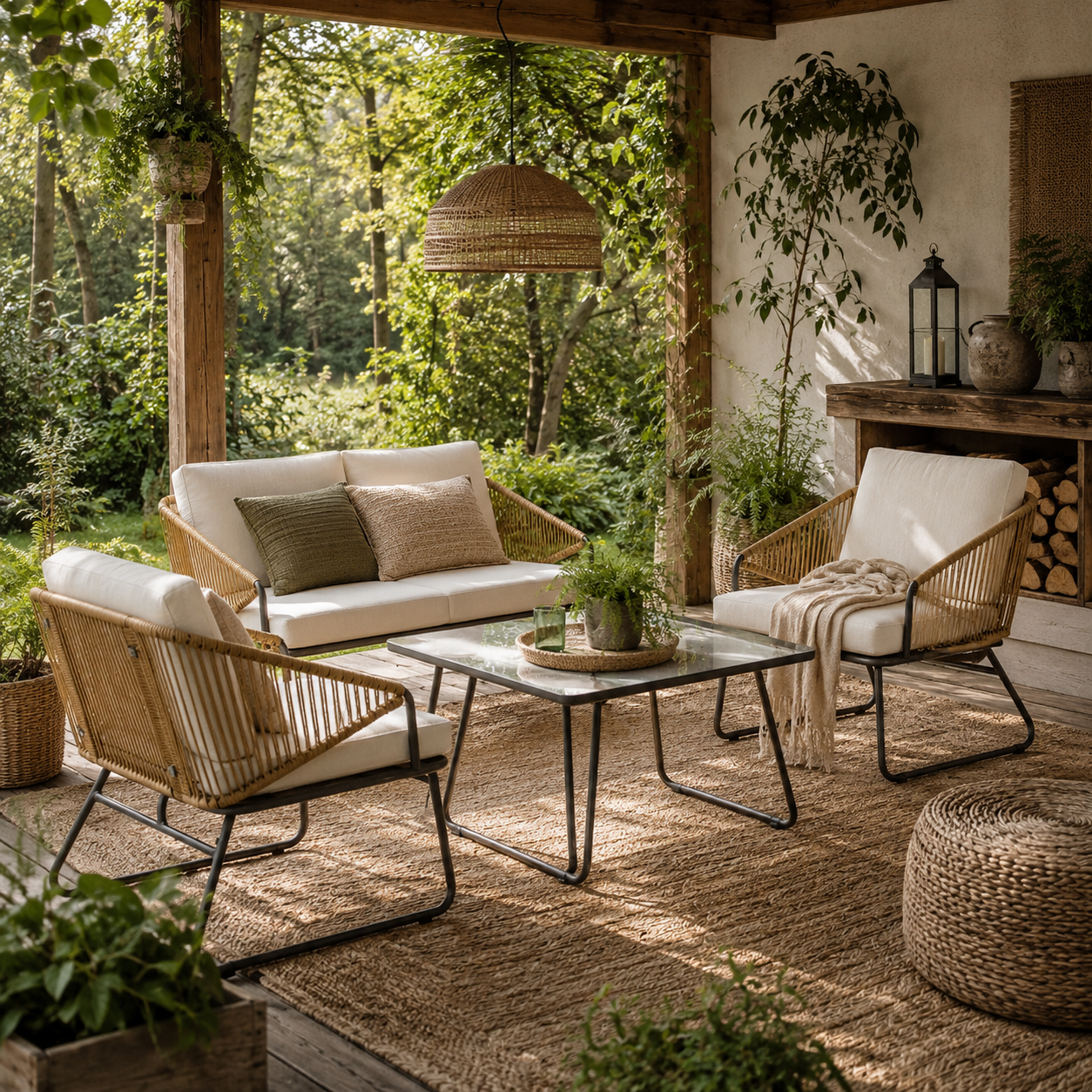Lupano Natural Rattan Rope White Cushions 4 Seater Outdoor Sofa Set with Square Table