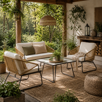 Lupano Natural Rattan Rope White Cushions 4 Seater Outdoor Sofa Set with Square Table