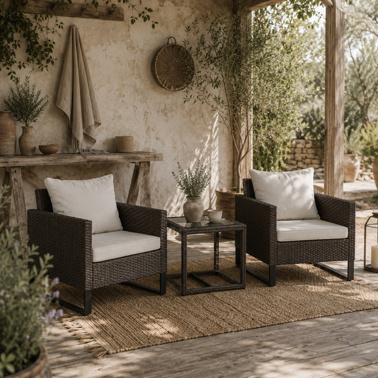 Elmolu Rattan Brown 3 Piece Bistro Set with Glass Coffee Table