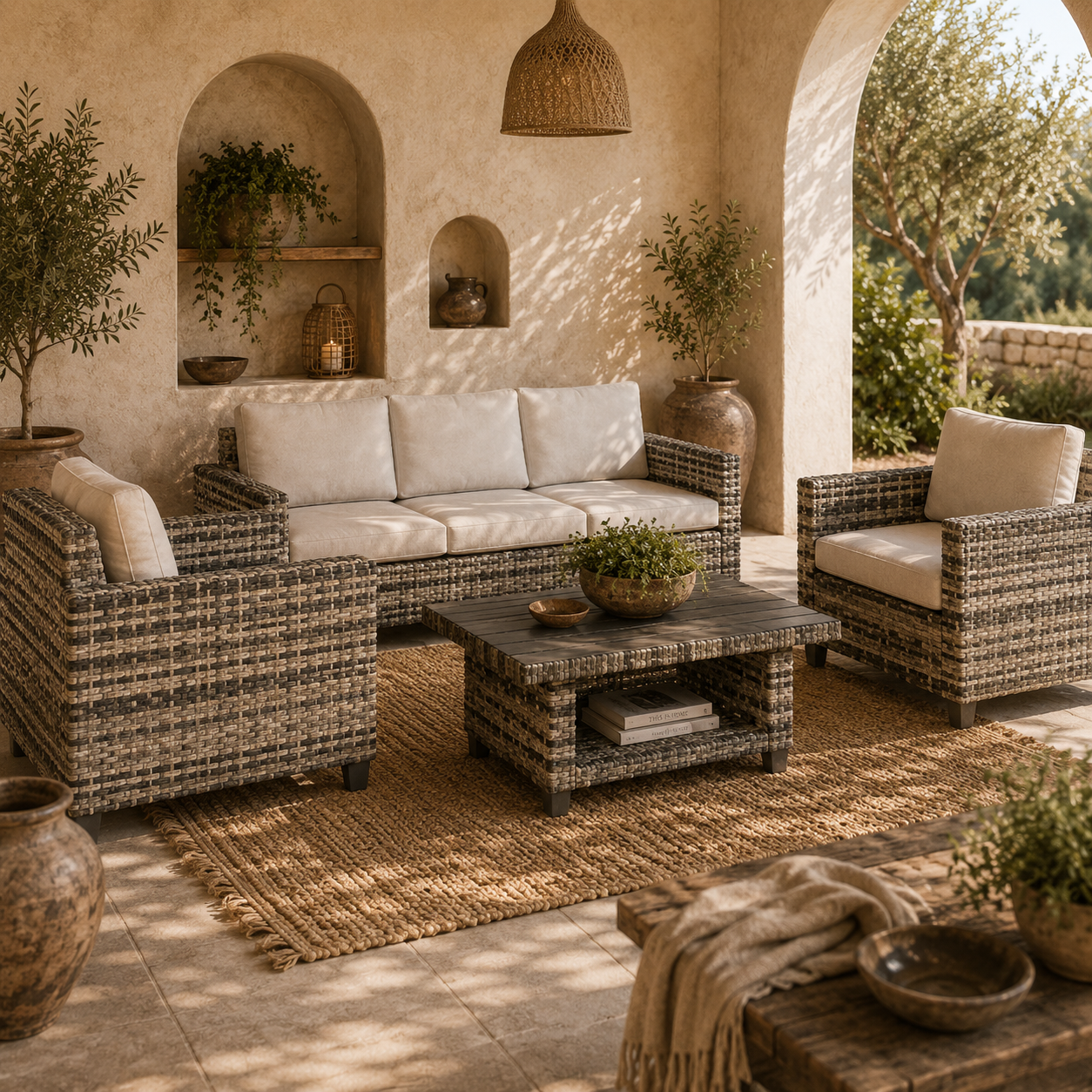Coneno Rattan Light Grey 5 Seater Outdoor Sofa Set White Cushions
