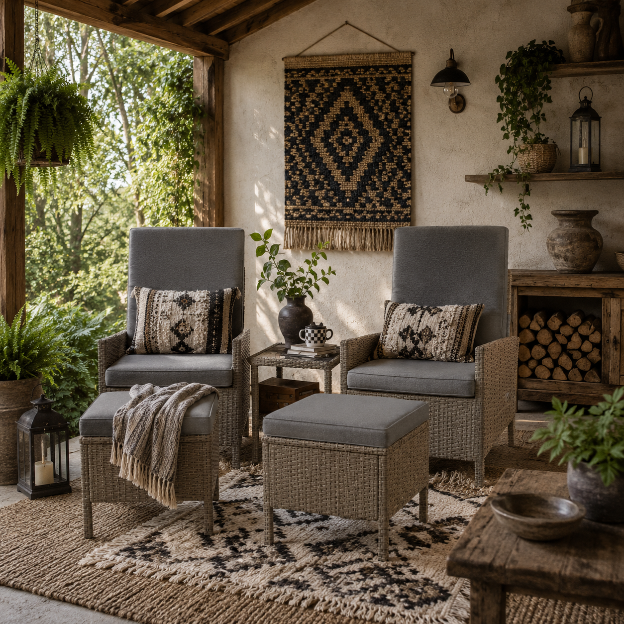 Liromo Rattan Dark Grey 5 Piece Garden Bistro Set with Recliner Chairs Stools and Table