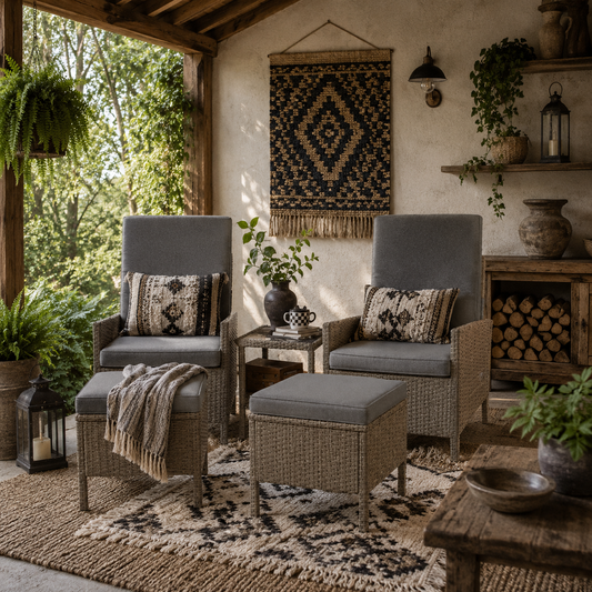 Liromo Rattan Dark Grey 5 Piece Garden Bistro Set with Recliner Chairs Stools and Table