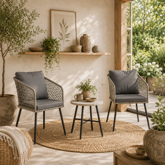 Fadi Natural Weaver Rattan Grey 3 Piece Bistro Set Table and Chairs