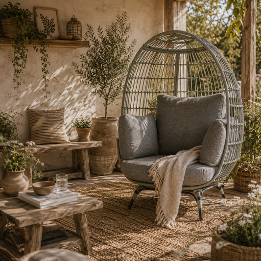 Tomova Grey Rattan Rope Grey Egg Chair with Cushions And Matching Pillows
