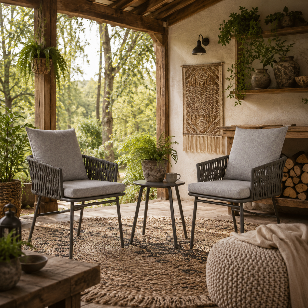 Sunoco Grey Rattan Weave Rope 3 Piece Bistro Set With Cushions And Glass Coffee Table