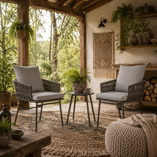 Sunoco Grey Rattan Weave Rope 3 Piece Bistro Set With Cushions And Glass Coffee Table