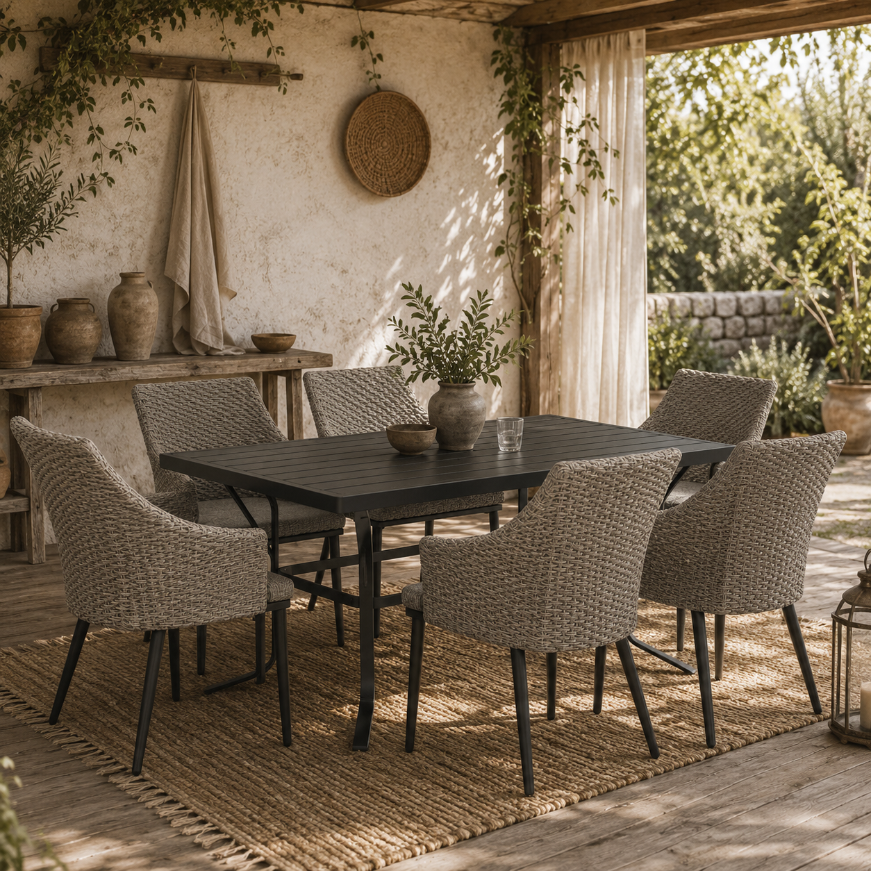 Kenere Rattan Grey 6 Seater Outdoor Dining Set With Armchairs And Slatted Table Parasol Hole