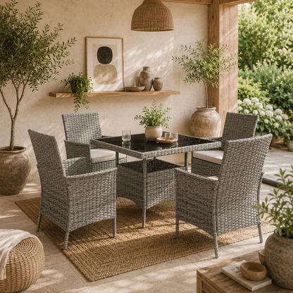 Noha Grey Rattan 4 Seater Outdoor Dining Set with Square Glass Table