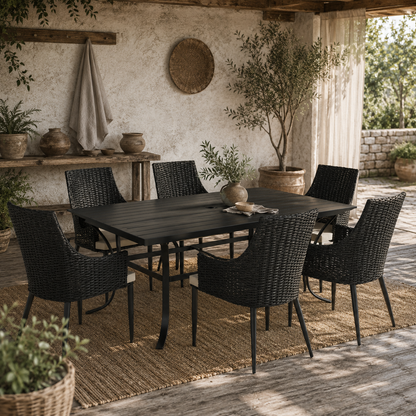 Paluve Black Rattan 6 Seater Outdoor Dining Set with Slatted Table Parasol Hole