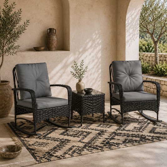 Nassotti Rattan Black 3 Piece Rocking Bistro Set Grey Cushions