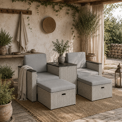 Naleni Grey Rattan  5 Piece Nesting Outdoor Bistro Set With Footstools Storage Coffee Table