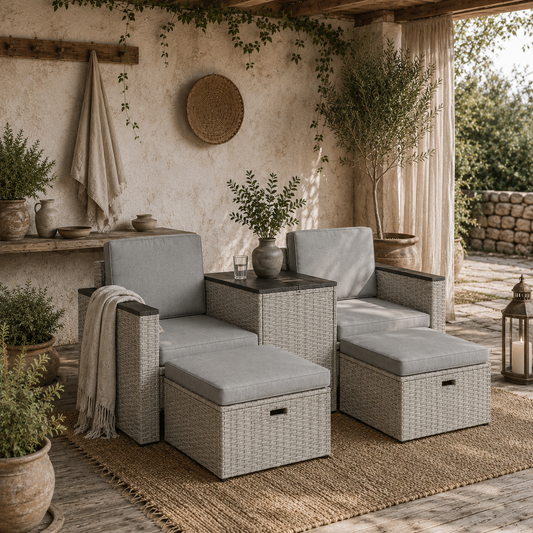 Naleni Grey Rattan  5 Piece Nesting Outdoor Bistro Set With Footstools Storage Coffee Table