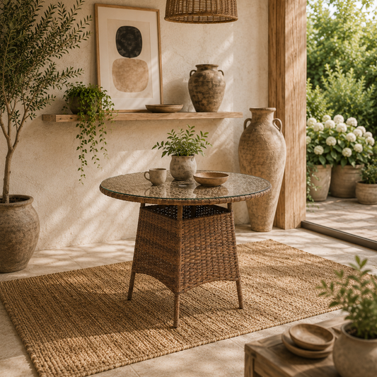 Rotasa Rattan Brown Outdoor Rpund Coffee Table With Tempered Glass Top And Parasol Hole