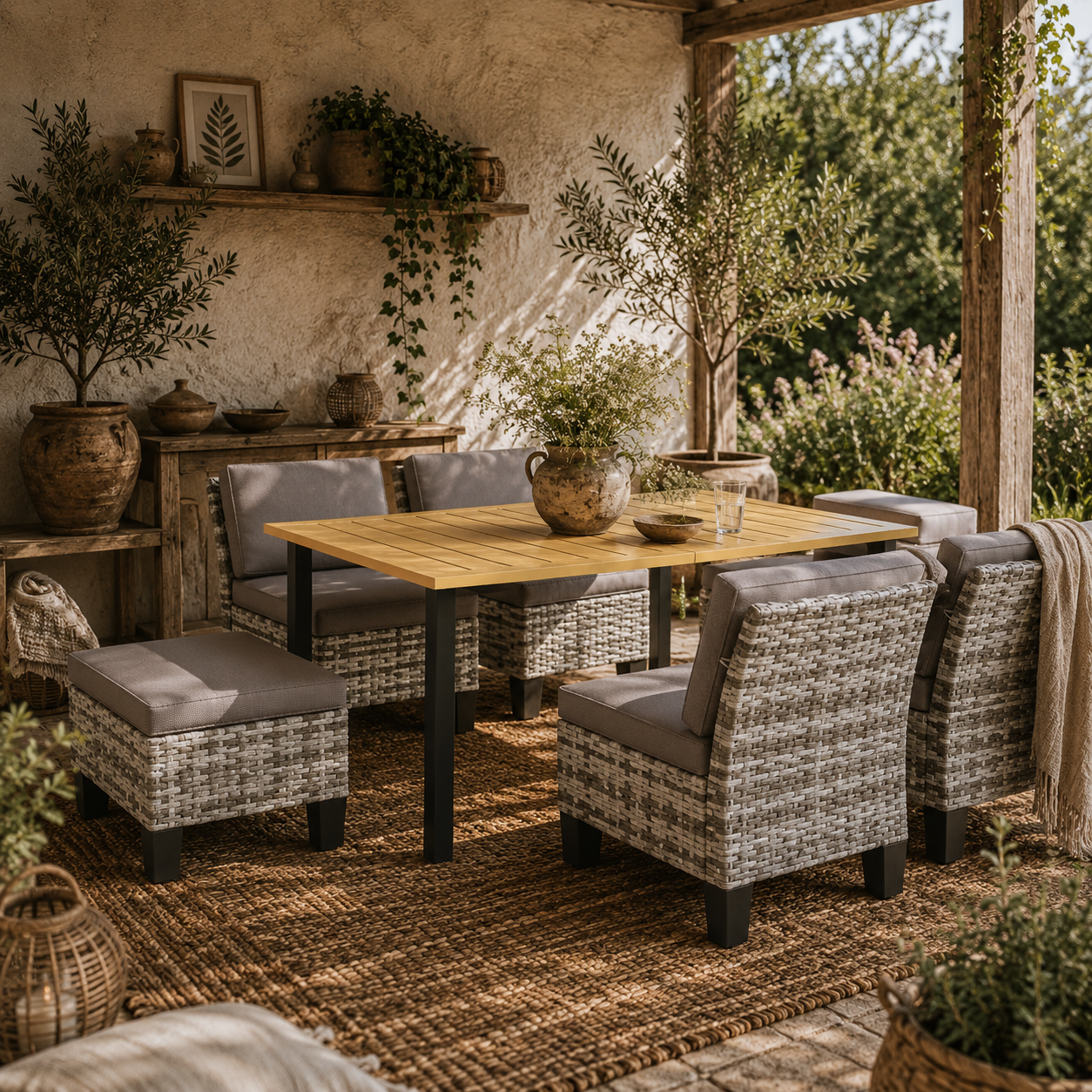 Luzise Grey Rattan 6 Seater Outdoor Dining Furniture Set Natural Wooden Rectangular Table
