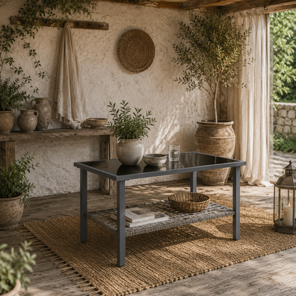 Revano Grey Rattan Outdoor Coffee Table With Tempered Glass Top and Lower Shelf