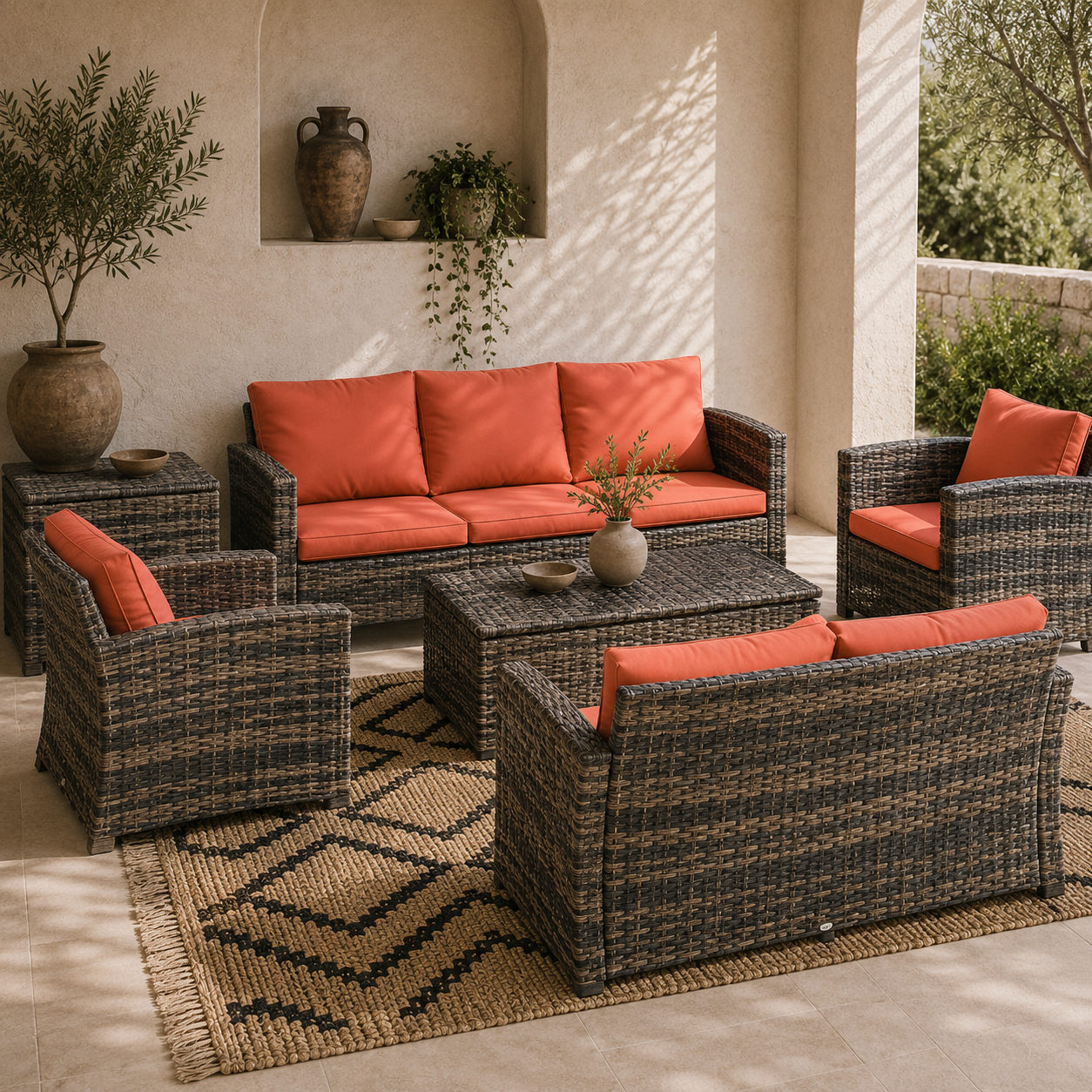 Toleli Brown Rattan Orange Cushions 7 Seater Outdoor Sofa Set With Storage Tables