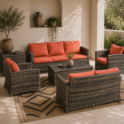 Toleli Brown Rattan Orange Cushions 7 Seater Outdoor Sofa Set With Storage Tables