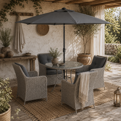 Hasa Rattan Light Grey 4 Seater Outdoor Dining Set With Cushions And Parasol