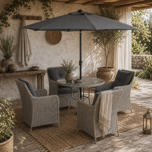 Hasa Rattan Light Grey 4 Seater Outdoor Dining Set With Cushions And Parasol