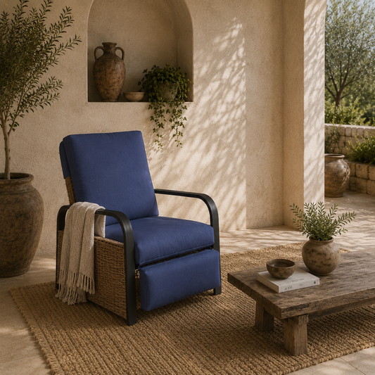 Elva Brown Rattan And Blue Cushion Reclining Outdoor Armchair