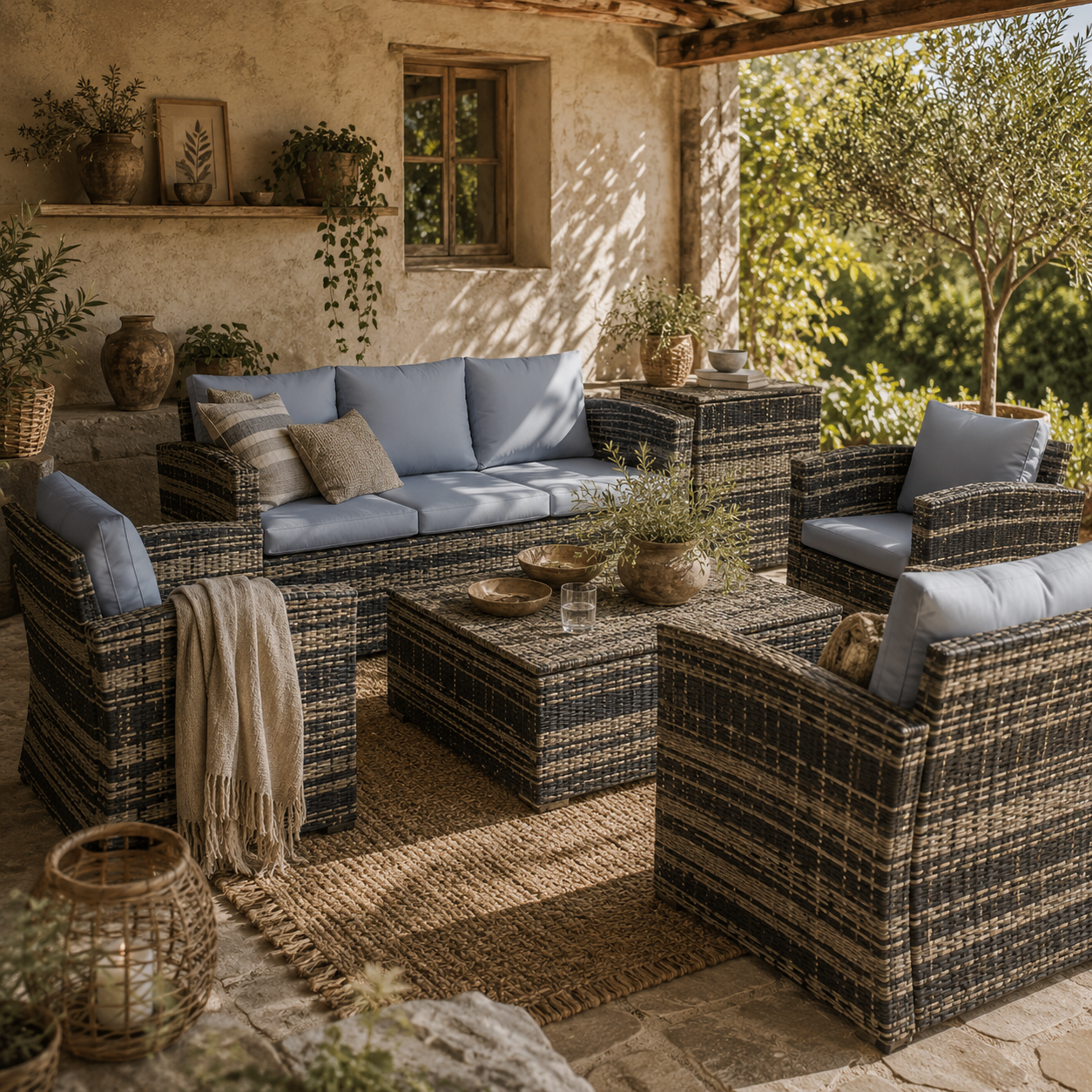 Vaveyo Rattan Grey 7 Seater Outdoor Sofa Set With Storage Tables And Cushions