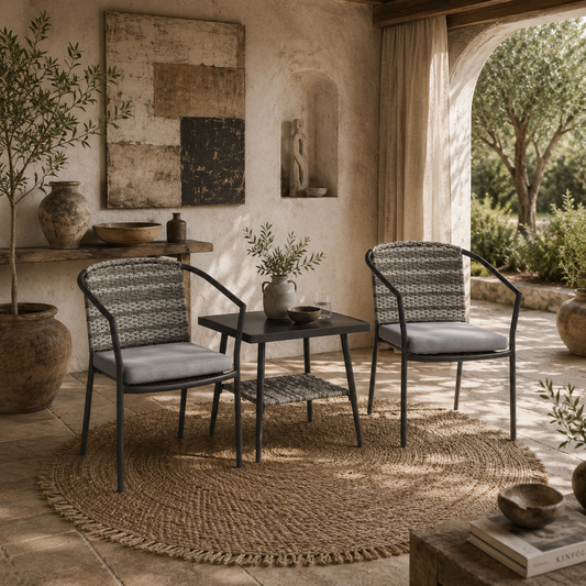 Midi Grey Rattan 3 Piece Bistro Set With Cushions And Glass Coffee Table