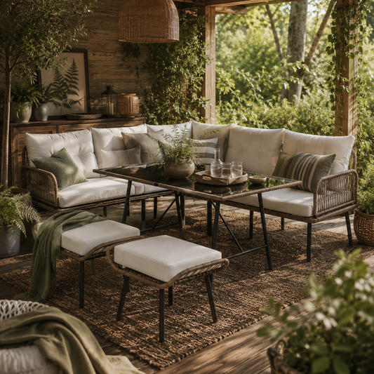 Sacoel Natural Rattan White 8 Seater Outdoor Corner Sofa Set With Glass Top Table
