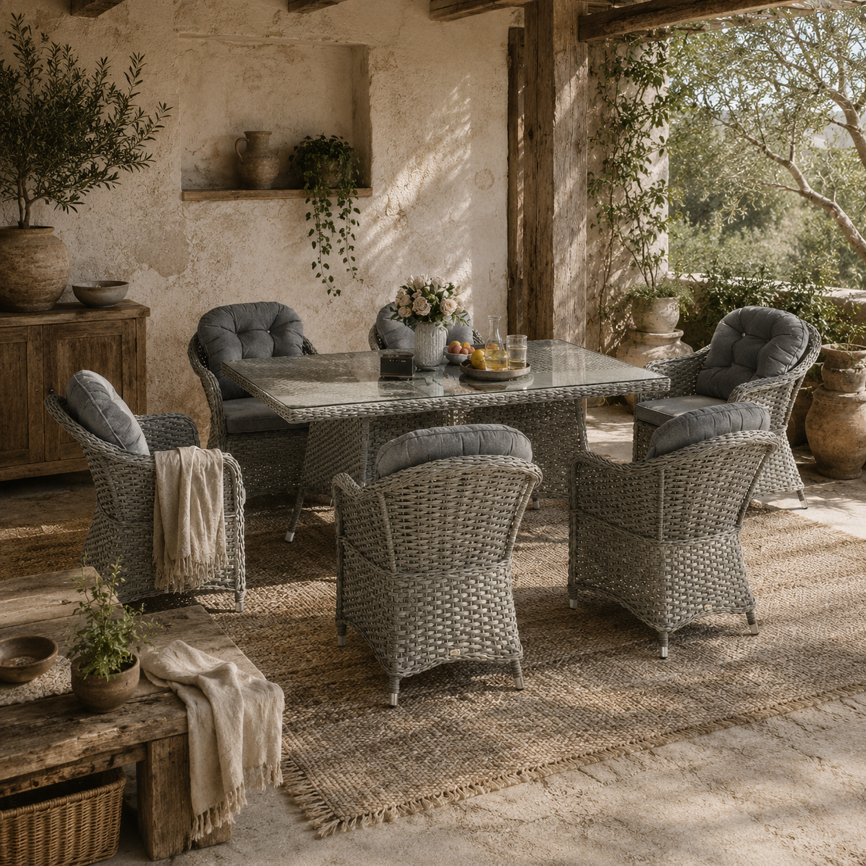 Bami  Light Grey Rattan 6 Seater Outdoor Dining Furniture Set with Glass Rectangular Table