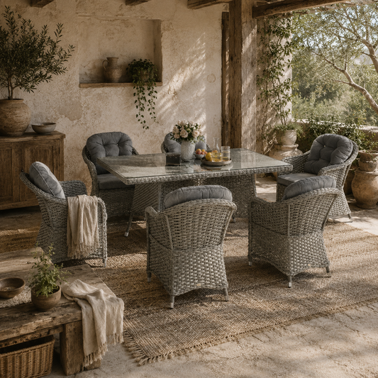 Bami  Light Grey Rattan 6 Seater Outdoor Dining Furniture Set with Glass Rectangular Table