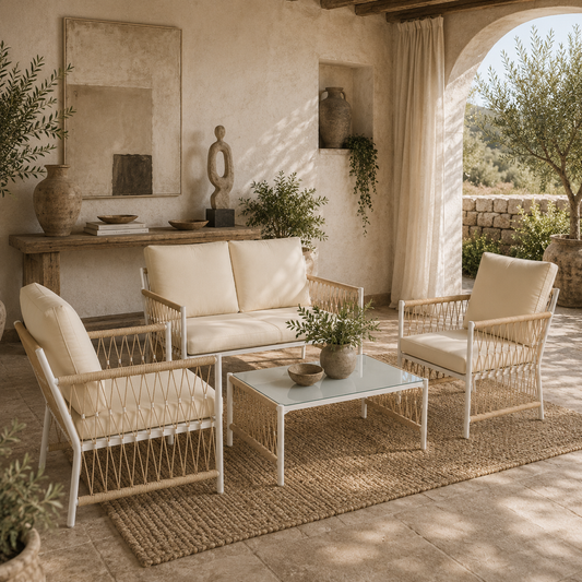Comori Rattan Cream 4 Seater Outdoor Sofa Conversation Set With Glass Coffee Table