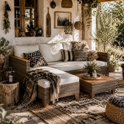 Serado Natural Rattan and Cream Fabric 3 Piece L Shaped Outdoor Conversation Set With Wood Top Table