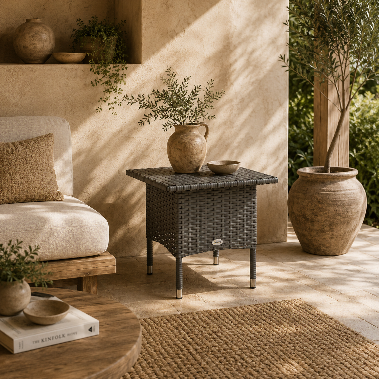Nari Grey Rattan Outdoor Side Table With Woven Top