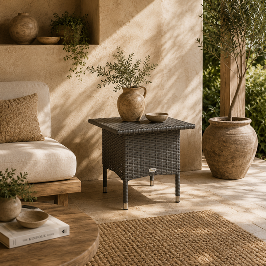 Nari Grey Rattan Outdoor Side Table With Woven Top