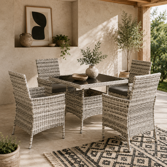 Noha Light Grey Rattan 4 Seater Outdoor Dining Set with Square Glass Table