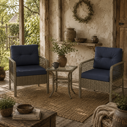 Doli Grey Rattan and Blue Fabric 3 Piece Bistro Set with Glass Coffee Table