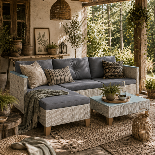 Tozivi Rattan Grey 3 Piece L Shaped Outdoor Conversation Set With Wood Top Table