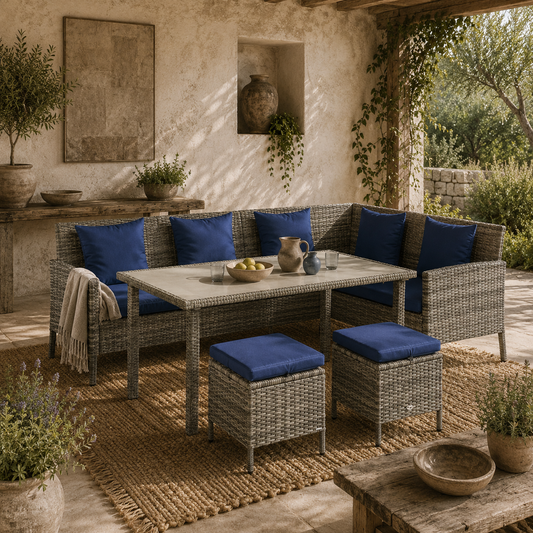 Noro Rattan Dark Blue 5 Piece Outdoor Dining Furniture Set With Cushions