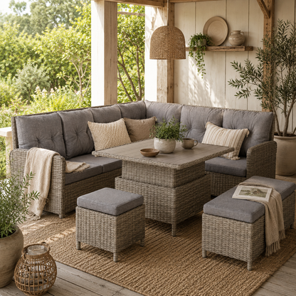 Mirase Light Grey Faux Rattan 9 Seater e Outdoor Corner Sofa Set With Lift Up Coffee Table