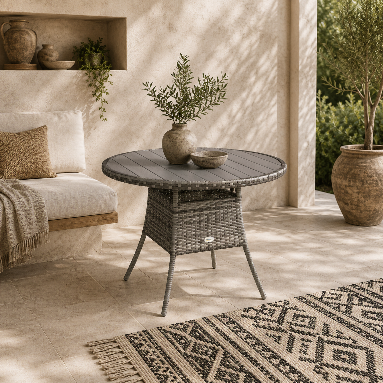 Ladido 90cm Grey Rattan Wood Effect Outdoor Dining Table