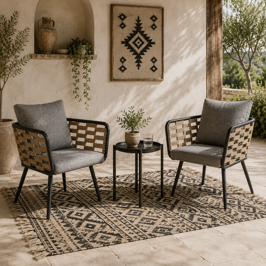 Lomi Natural Rattan 3 Piece Bistro Set with Round Glass Coffee Table