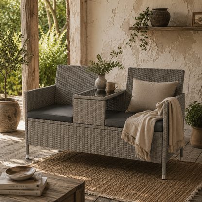 Locora Faux Rattan Grey 2 Seater Garden Bench With Central Table Bistro Set
