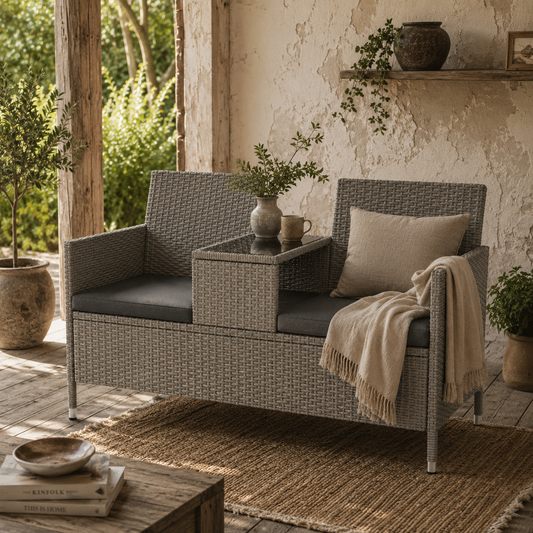 Locora Faux Rattan Grey 2 Seater Garden Bench With Central Table Bistro Set