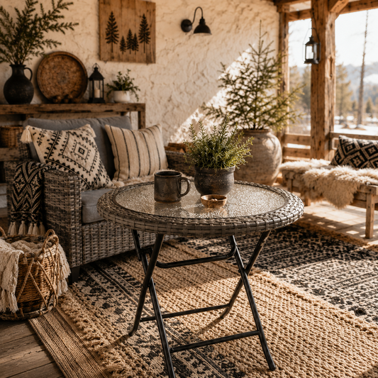 Doco 68cm Rattan Grey Folding Round Outdoor Coffee Table With Ripple Effect Glass Top