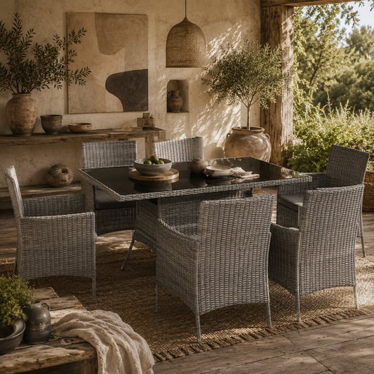 Lona Rattan Charcoal Grey 6 Seater Outdoor Dining Set With Cushioned Armchairs And Rectangular Glass Table